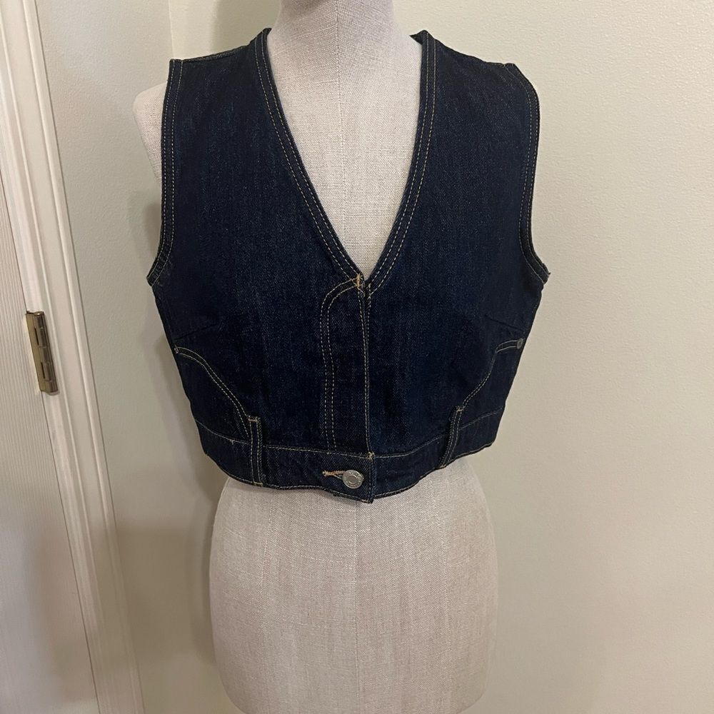 Zara Dark Blue Cropped Denim Vest Size L Like New Condition